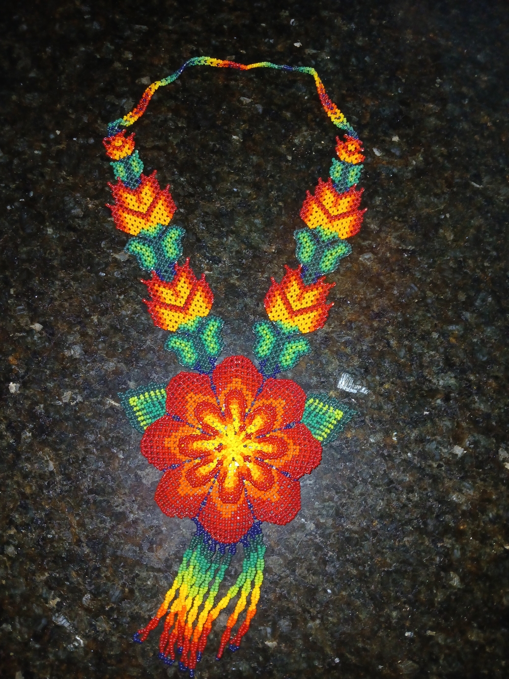 Handmade Multicolor Floral Beaded Necklace - Red, Orange, Yellow, Green